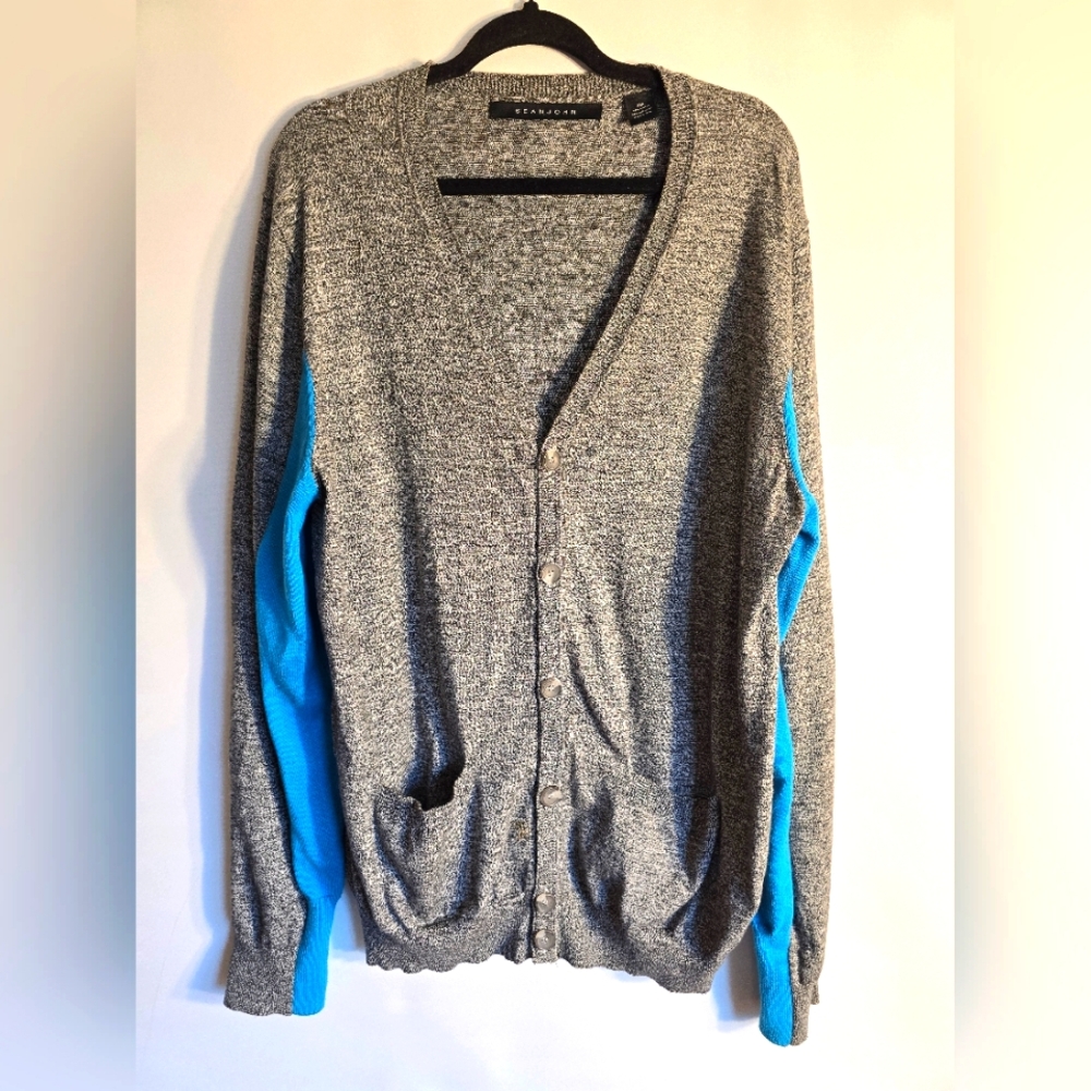 SEAN JOHN MEN'S CARDIGAN SWEATER GRAY/BLUE BUTTON FRONT Y2K SIZE XXL